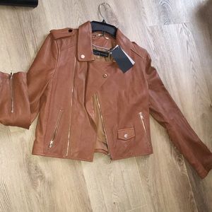 ZARA COLLECTION  NWT LIMITED  ED REAL GENUINE LEATHER COGNAC MOTO ZIP UP…